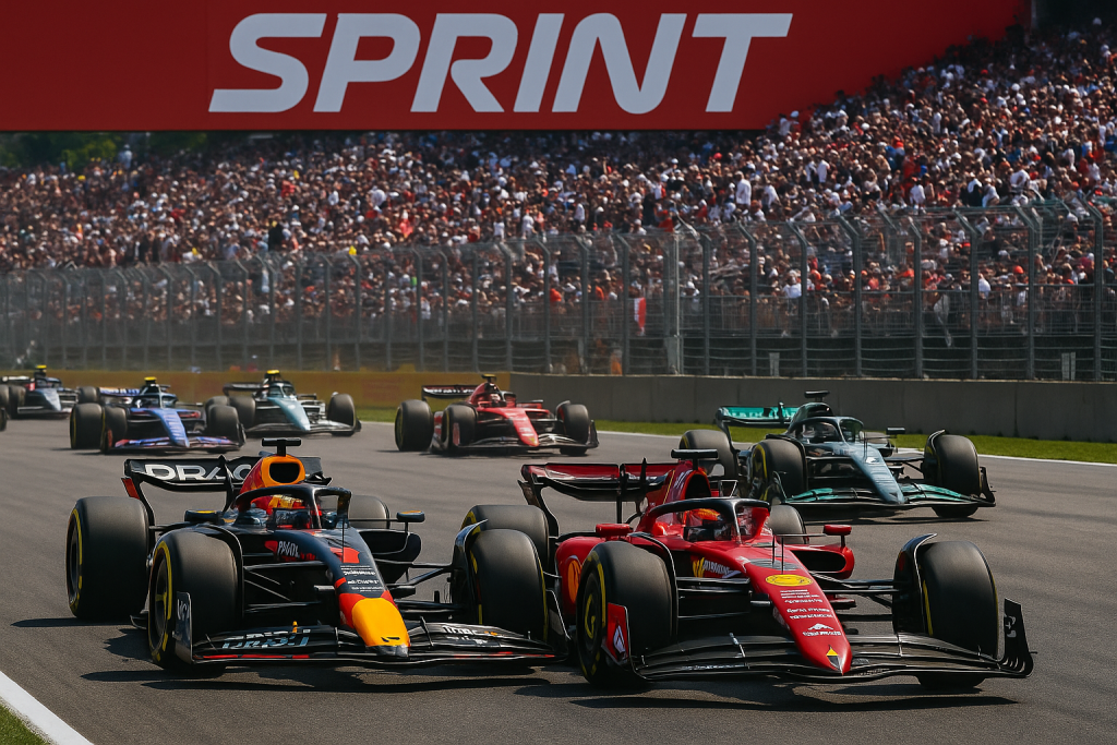 Formula 1 Sprint yarışında önde Red Bull ve Ferrari araçları, kalabalık tribünler önünde mücadele ediyor.