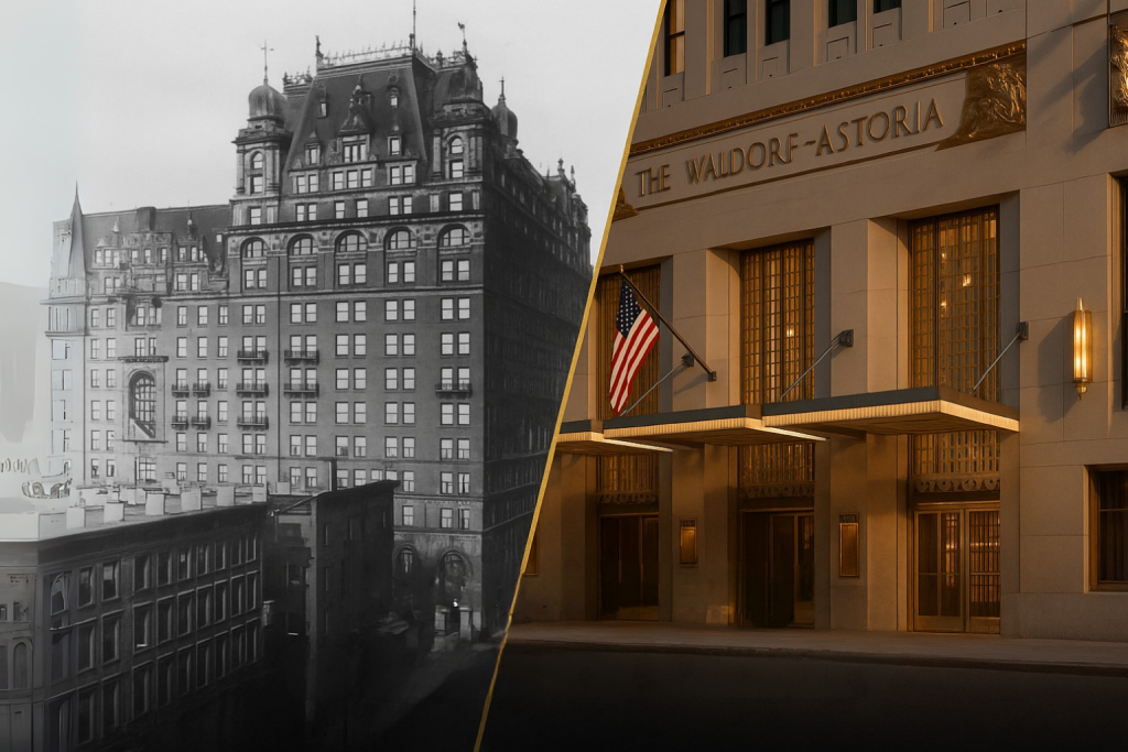 Waldorf Astoria New York’un tarihi siyah-beyaz fotoğrafı ile yenilenmiş modern girişinin altın detaylı renkli görüntüsü yan yana yer alıyor. İnce bir çizgi iki dönemi ayırırken, görsel geçmişin mirası ile modern lüksün birleşimini anlatıyor.